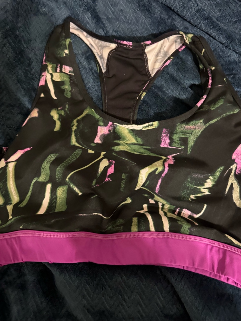 LuLaRoe Black Sports Bra with Pink Band and Green Abstract Print